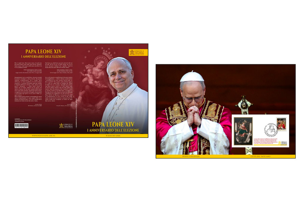 Sobre conmemorativo, matasellos postal especial y carpeta filatélica con motivo del I aniversario de la elección del Papa León XIV