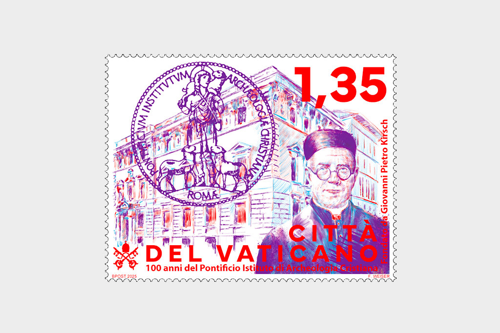 Timbre et oblitération spéciale du Service de la poste et de la philatélie pour le centenaire de l’Institut pontifical d’archéologie chrétienne
