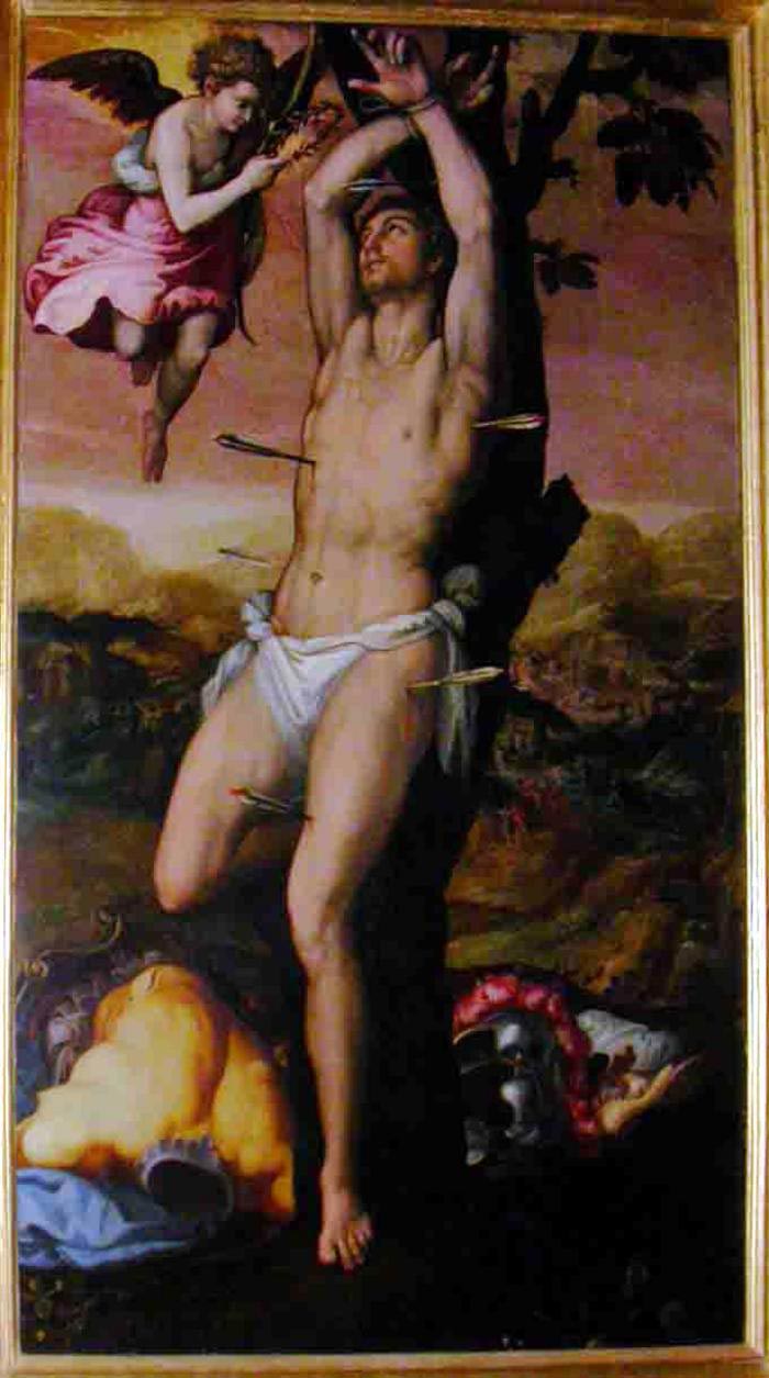 Circle of Siciolante, Girolamo said the Sermoneta (Sermoneta 1521 - Rome 1575); or circle of Vasari, Giorgio (Arezzo 1511 - Florence 1574), Altarpiece: Saint Sebastian receives the crown and the palm of martyrdom, mid-sixteenth century, Vatican Museums.