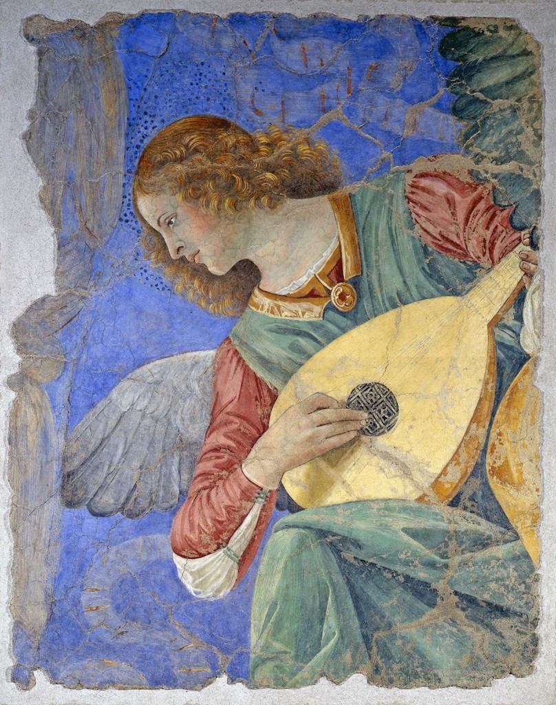 Melozzo degli Ambrosi, detto Melozzo da Forlì, (Forlì 1438 - 1494), Un angelo che suona il liuto, 1480 circa, frammento di affresco staccato, Musei Vaticani.